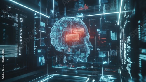 A computer generated image of a brain with red glowing lights
