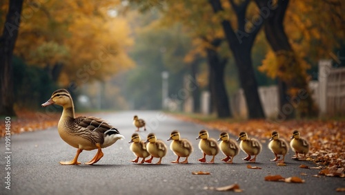 Cute ducklings walking in a row, crossing a road behind their mother in autumn
 photo