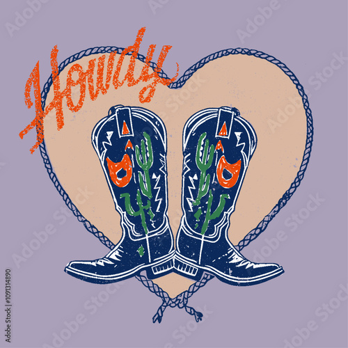 Retro Cowgirl boots with hat. Vector isolated design for postcard, t-shirt, Cowboy western and wild west theme.