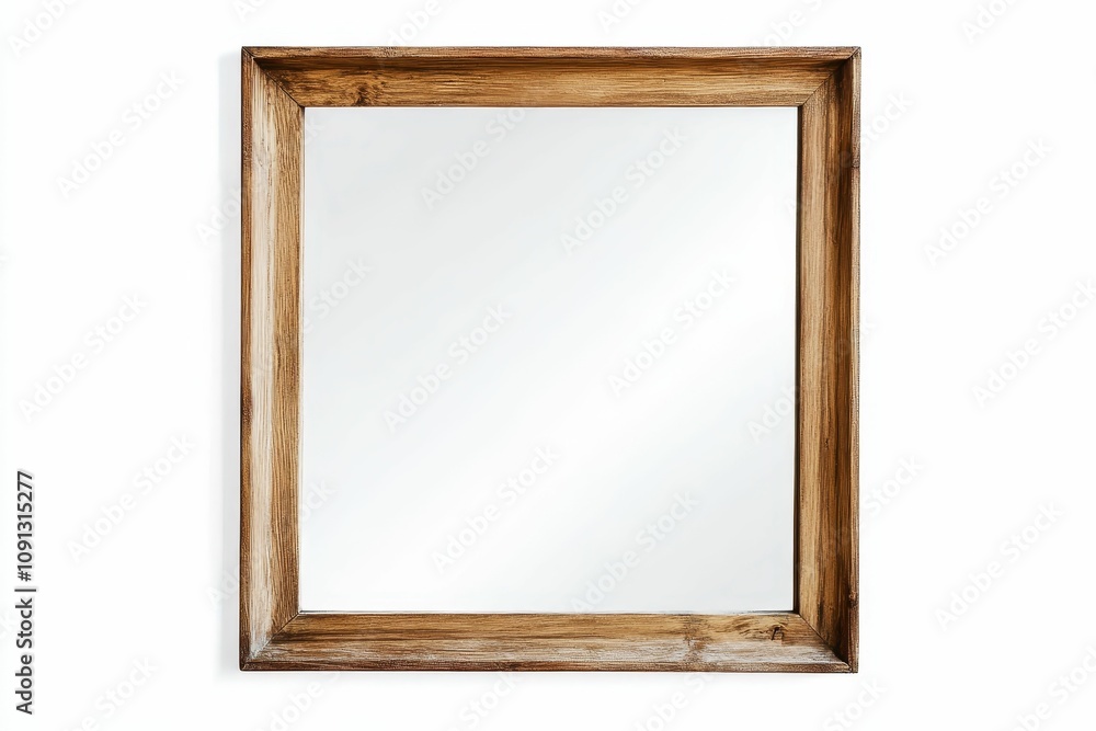 Fototapeta premium Wooden framed mirror, rectangular, reflecting light.