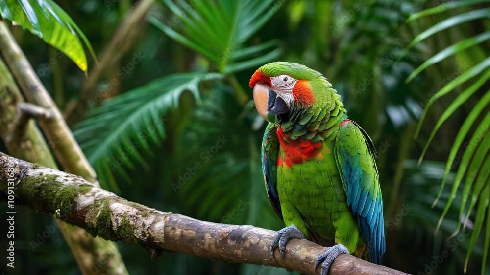 Obraz premium Vibrant Parrot Perched Amidst Tropical Rainforest Foliage in Stunning Colors