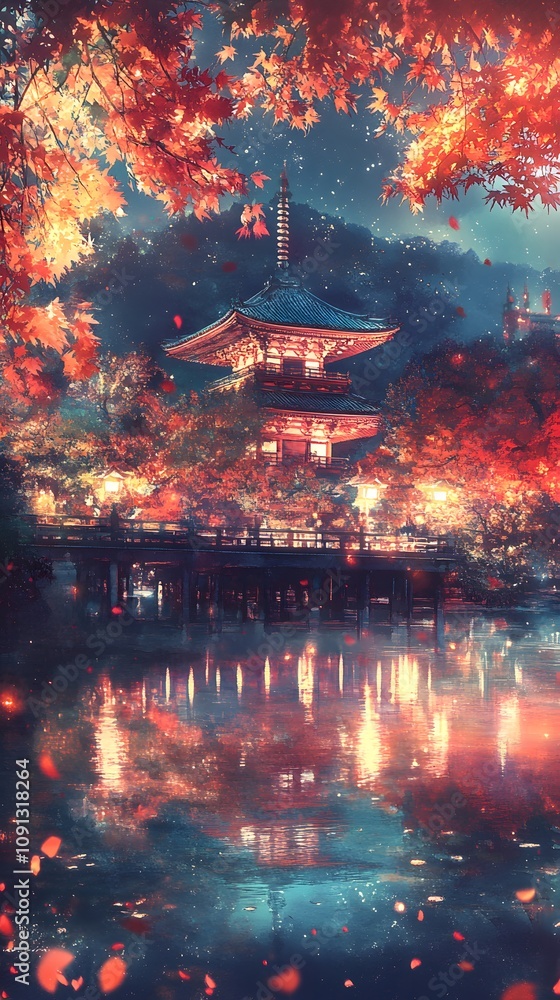 Obraz premium A picturesque night scene of the autumn leaves at Kiyomizudera National Park, with reflections on a tranquil pond and illuminated pagodas in red hues