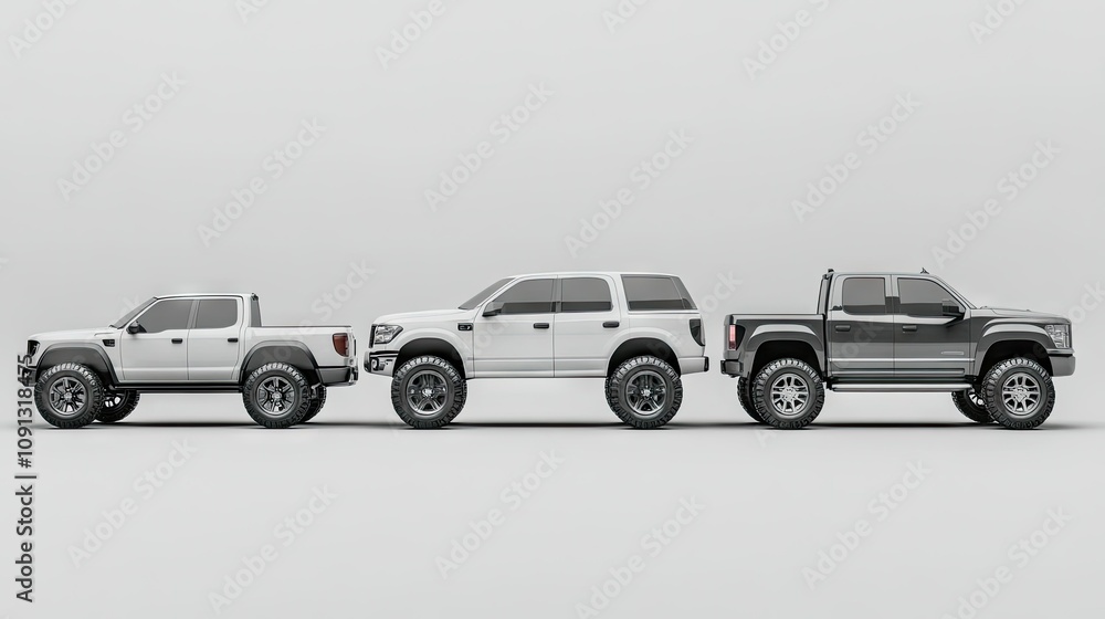 Fototapeta premium A side view of a sedan, SUV, and truck, each with their respective tires placed in front of them.