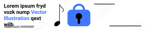 Musical note beside blue padlock icon symbolizes secure music content. Lorem ipsum text placeholder. Ideal for music streaming services, digital rights management, online security, app development