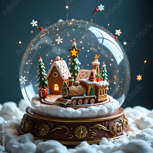 Enchanting gingerbread train scene in a snow globe, capturing the charm of a festive winter holiday ambiance, photography of fantasy concept.