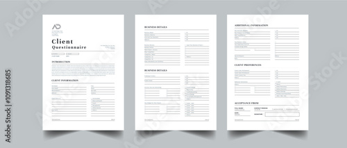 Client Questionnaire layout design with 3 page concept design for business informational subject project  