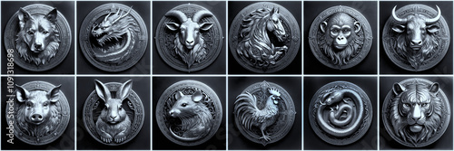 set of silver round chinese zodiac signs with animals, isolated, china astrology concept 
