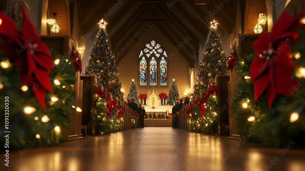 custom made wallpaper toronto digitalChurch interior at Christmas with decorated pews, Christmas trees, and warm lighting