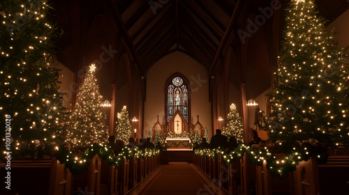 Church interior at Christmas with decorated pews, Christmas trees, and warm lighting