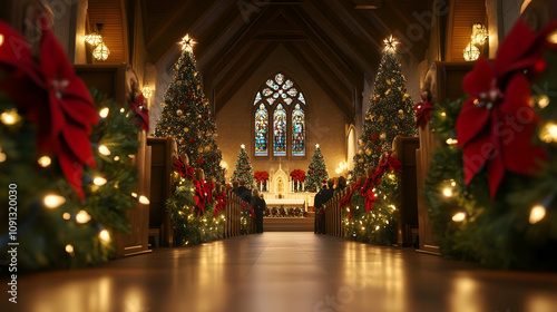 Wallpaper Mural Church interior at Christmas with decorated pews, Christmas trees, and warm lighting Torontodigital.ca
