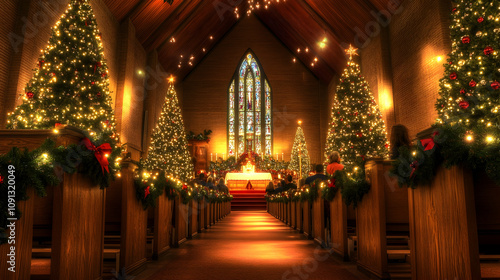 Church interior at Christmas with decorated pews, Christmas trees, and warm lighting