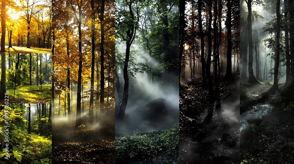 Obraz premium Forest Landscapes: Sunlight and Fog, Nature's Mystique
