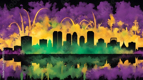 New orleans skyline silhouette surrounded by vibrant mardi gras colors of green purple and gold, Ai Generated