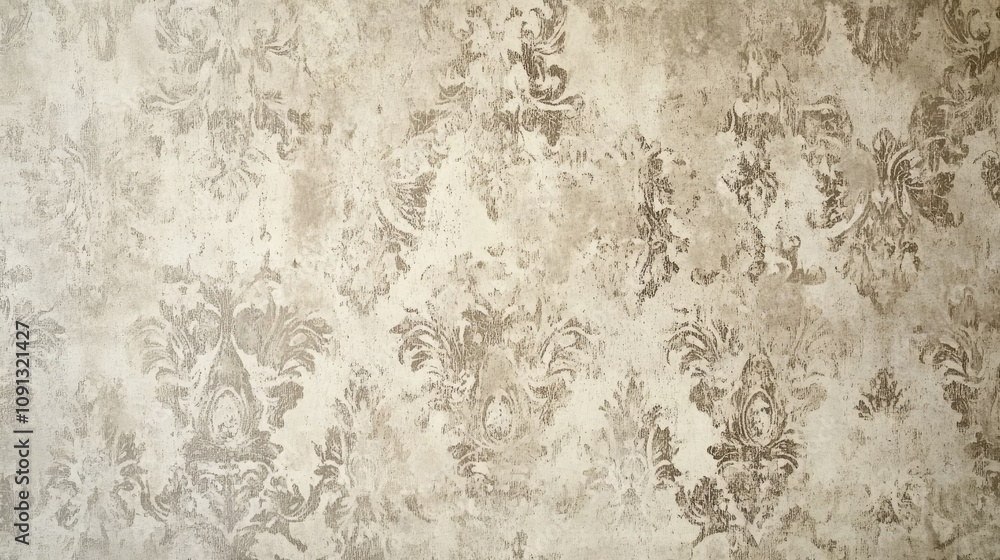 Obraz premium Faded vintage wallpaper texture featuring intricate patterns against a muted concrete backdrop, creating a rustic and weathered aesthetic.