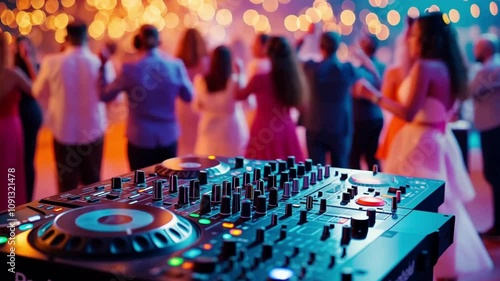 DJ mixer in front of a blurry party scene.