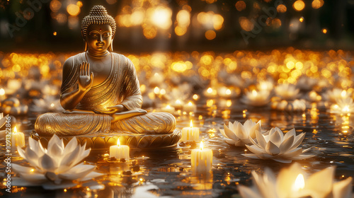 Serene image of a golden Buddha statue surrounded by flowers and candles in a tranquil water setting photo