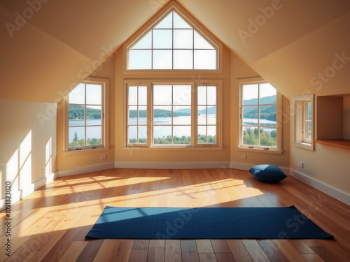 A large open room with a view of a lake. The room is empty and has a lot of windows