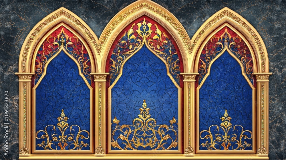 Obraz premium A stunning stained glass window design with three pointed arches, intricate gold filigree, and vibrant red and blue colors, encased in an ornate gold frame, showcasing luxurious artistry.