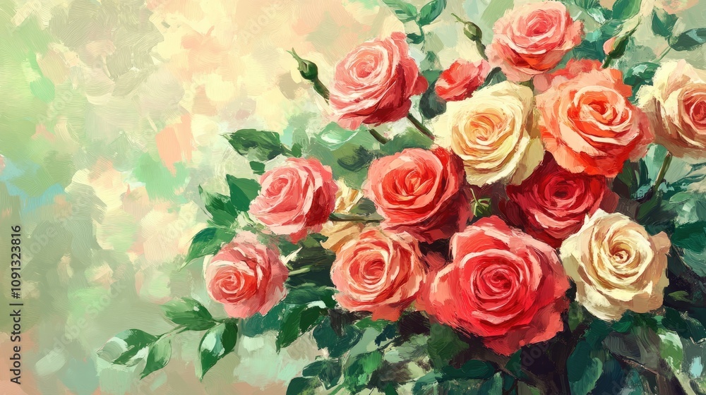 Obraz premium Bouquet of vibrant pink and creamy white roses with lush green leaves, set against a soft pastel background, perfect for a romantic occasion.