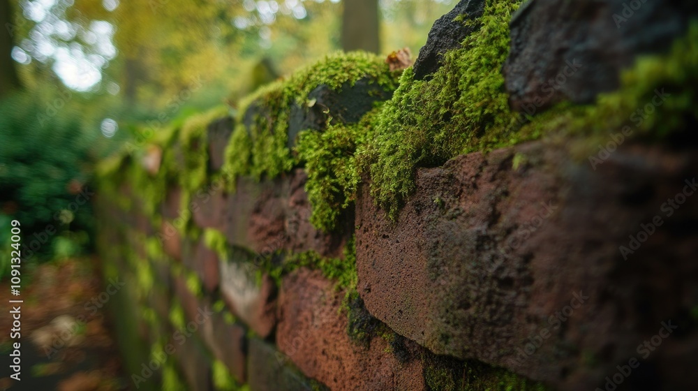 Obraz premium Close-up of a brick wall showing signs of aging with moss growing in the crevices.