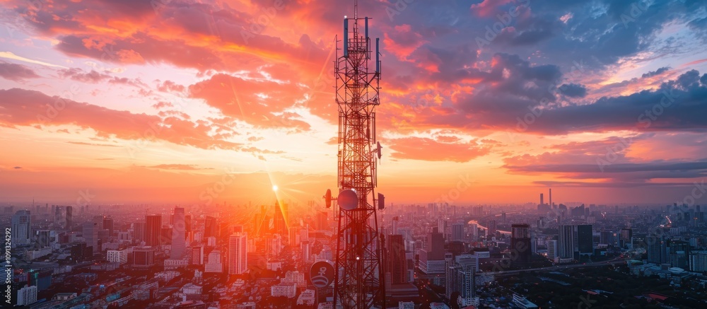 Fototapeta premium Communication Tower Against a Dramatic Sunset Sky
