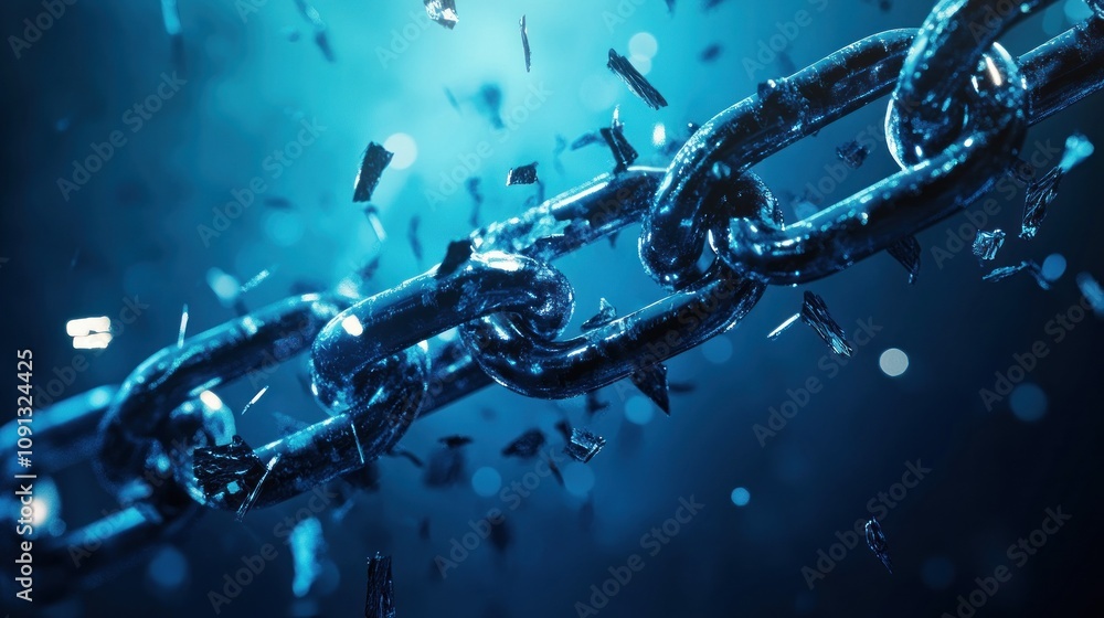 Fototapeta premium Dynamic chain breaking amid blue light and shrapnel