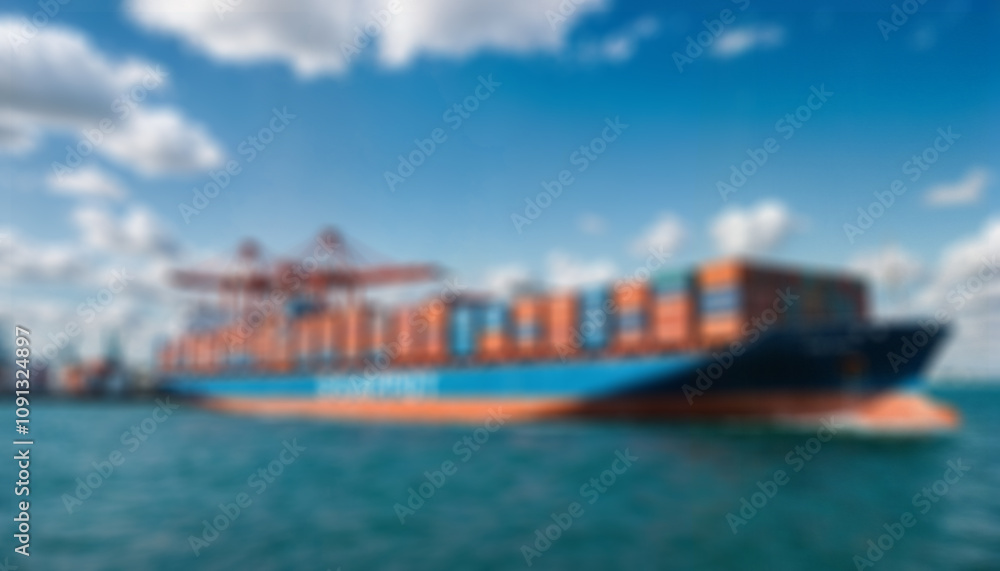 Obraz premium A large container ship navigating through the ocean under a clear blue sky, loaded with shipping containers, representing global trade, logistics, and maritime transportation.
