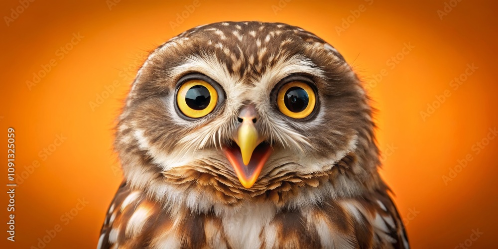 Fototapeta premium Close-up of a Northern Pygmy-Owl with Big Yellow Eyes, Orange Background, Bird Portrait, Wildlife Photography, Owl, Bird, Portrait