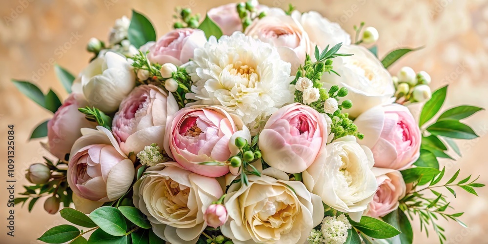 Fototapeta premium Close-Up of a Delicate Bouquet of White and Pink Roses, Flowers, and Greenery, wedding bouquet, flowers