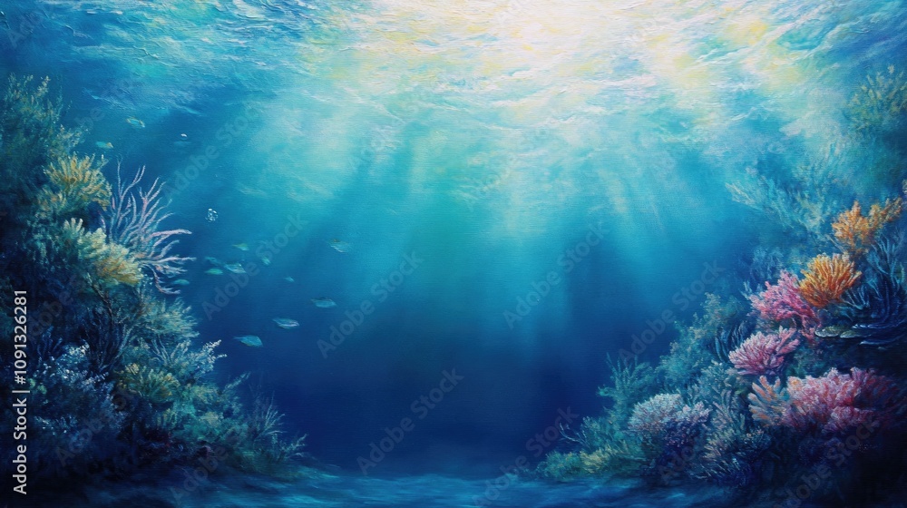 Obraz premium Tranquil underwater scene with soft light illuminating vibrant coral reefs and peaceful ocean depths, creating a serene marine atmosphere.