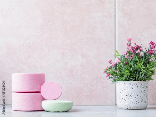 Hempbased reusable makeup remover pads in a chic bathroom setting top view encouraging zerowaste beauty cybernetic tone Splitcomplementary Color Scheme photo