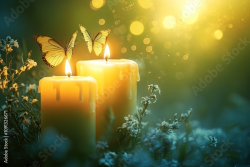 Butterflies glowing near warm candles in twilight hues photo