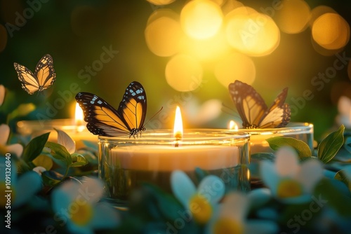 Yellow Candles Among Greenery With Majestic Butterflies photo