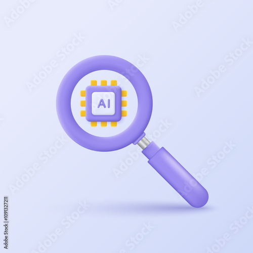 3D AI-search icon. A magnifying glass with AI chip processor.  3D design of Searching or finding and analysis by Machine learning. Artificial intelligence technology.  Vector illustration.