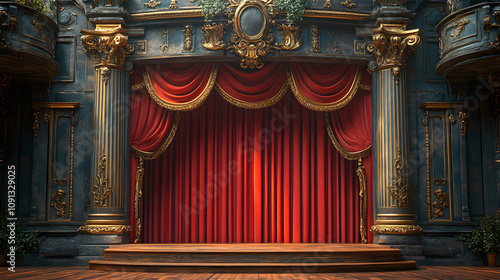 The red curtain of the theater stage is closed, signaling the end of a performance. The image captures the dramatic atmosphere and anticipation of what’s to come next, symbolizing the world of theater photo