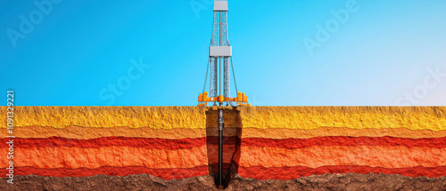 Cross section illustration of oil well showing geological layers