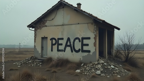 Peace Graffiti on Cracked Wall with Rustic Elements