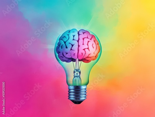 A light bulb with brainshaped filaments, soft watercolor gradients, radiating thought and creativity photo