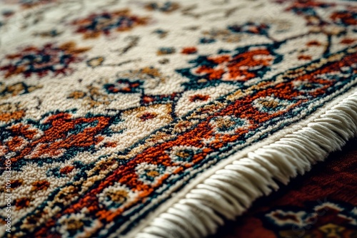 Ornate rug; detailed, colorful, fringed.