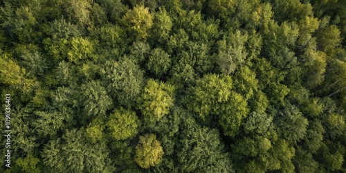 Aerial view of a lush green forest in spring with vibrant greenery and morning light. 