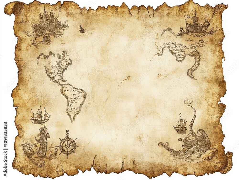 Fototapeta premium Vintage Treasure Map Featuring Old Sailing Ships, Compass Rose, and Elaborate Cartography Elements with Distressed Edges and Nautical Themes