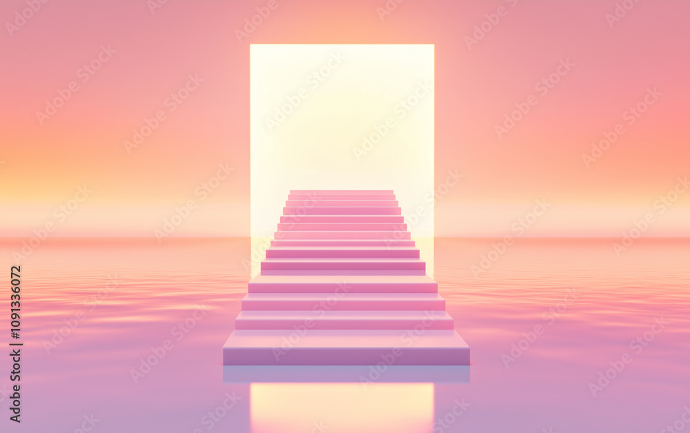 Obraz premium A glowing staircase over calm water leading to light, symbolizing mental health, personal transformation, well-being, and growth.