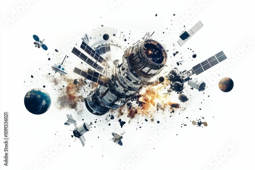 Space station exploding, debris field, satellites.