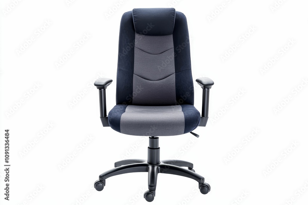 Gray and blue swivel office chair with wheels. Gray and blue swivel office chair with wheels.