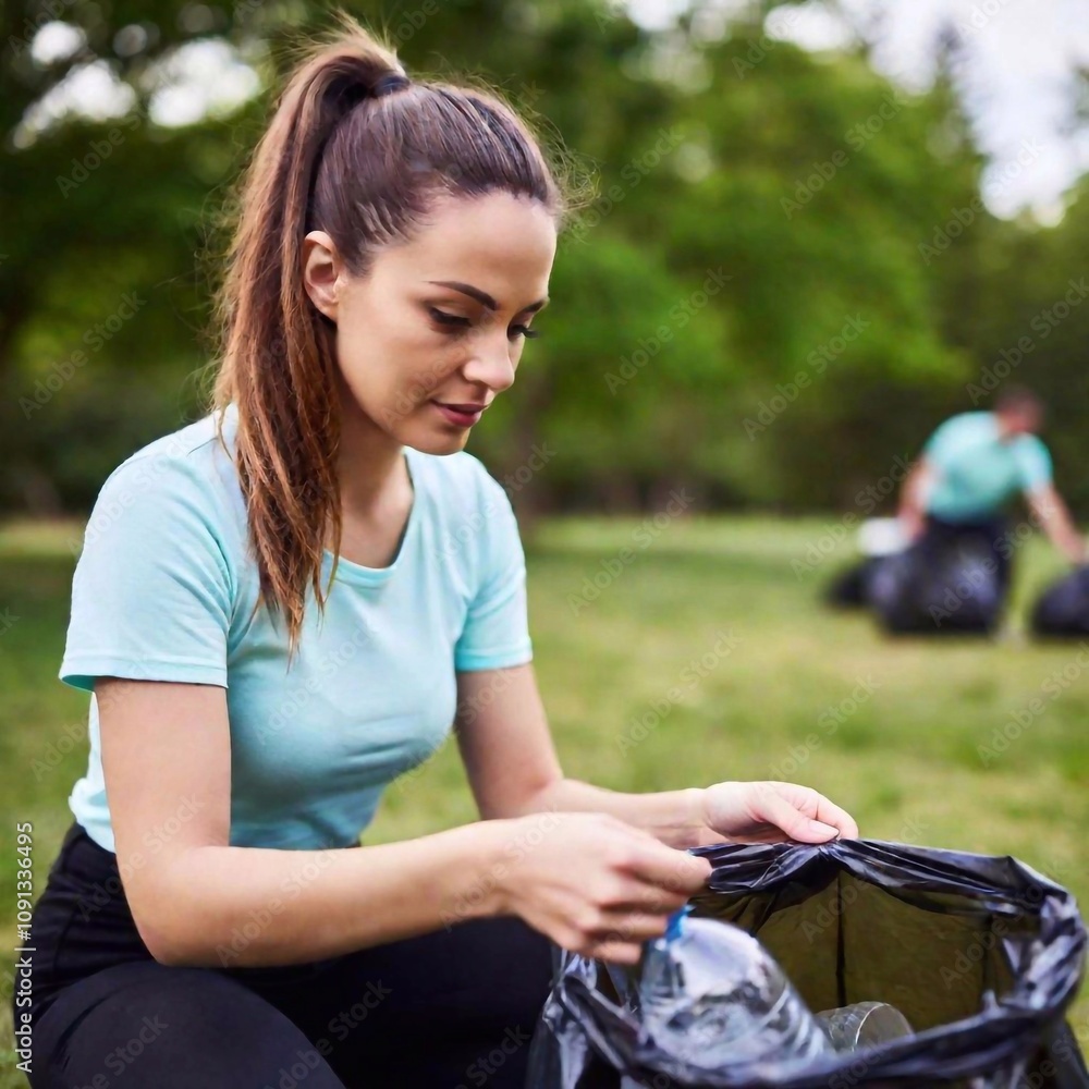 Fototapeta premium extreme Close-up portrait of a woman tying up a full garbage bag after a successful Earth Day cleanup, with hands and face in sharp focus and the background softly blurred, representing the completion
