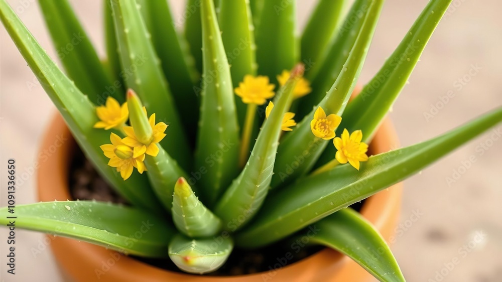 Obraz premium Aloe vera plant with thick green leaves and yellow flowers in a small terracotta pot, greenhouse plants, indoor plants