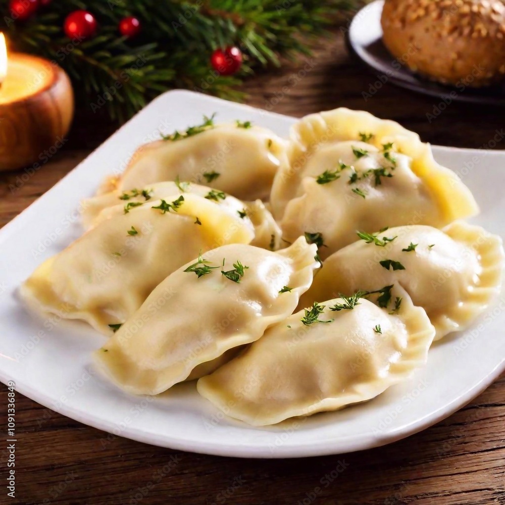 close up image of Mushroom and cabbage pierogi. Polish Christmas Eve dinner at eye level, focusing on meal