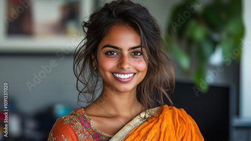 A woman of Indian origin donning a traditional sari