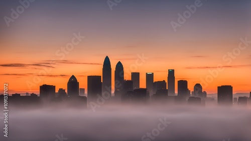 Wallpaper Mural Silhouette of charlotte skyline under a soft morning mist with a glowing orange sunrise, Ai Generated Torontodigital.ca