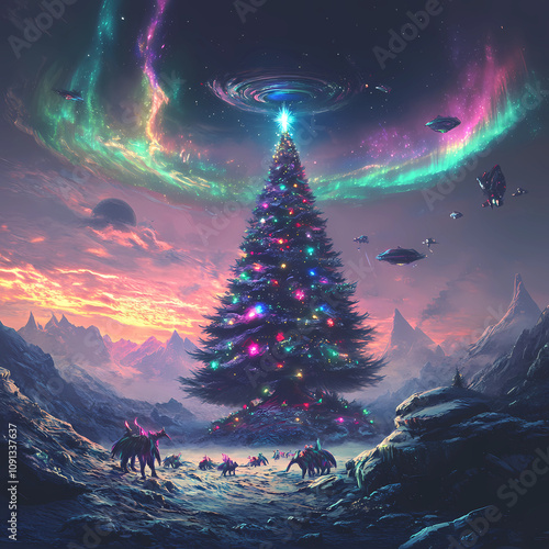 An alien planet celebrating Christmas, with alien creatures exchanging glowing gifts, a massive tree made of crystals, colorful auroras in the alien sky, sci-fi elements, highly detailed